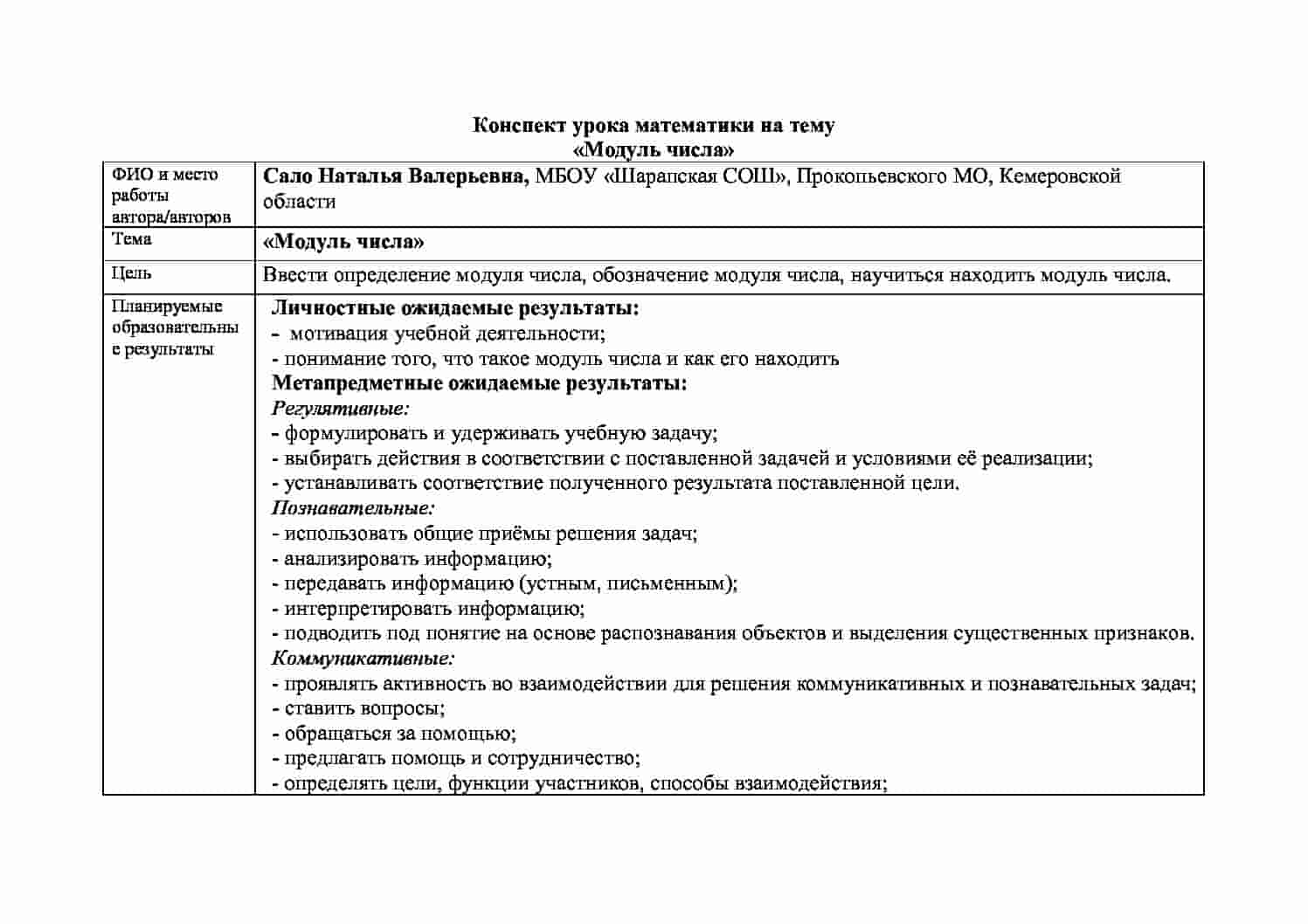 Конспект урока Модуль числа 6 класс - Педагогические таланты России